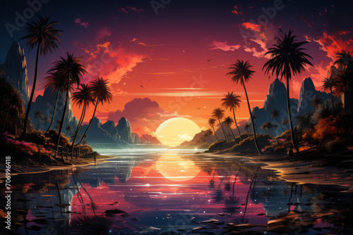 Cartoon flat panoramic landscape, sunset with the palms on colourful background. illustration.