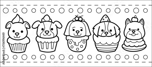 Puppy cupcake delights, sweet bakery with cute dog topping, black and white hand drawing, vector illustrations.