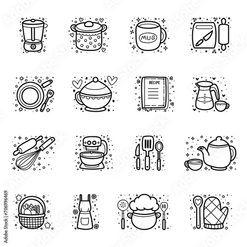 Collection of cozy kitchenware and utensils elements, cute hand drawing icons, vector illustration.