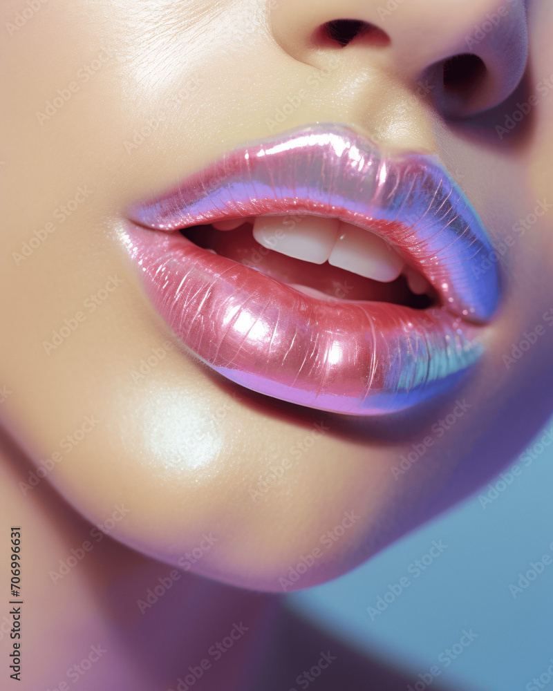 Iridescent Lipstick Elegance: Close-Up of Young Girl's Vibrant Lips Iridescent Lipstick Elegance: Close-Up of Young Girl's Vibrant Lips