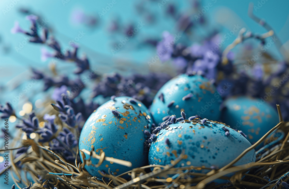 Easter Nest Delight: Blue Dyed Eggs with Lavender Decor Easter Nest Delight: Blue Dyed Eggs with Lavender Decor