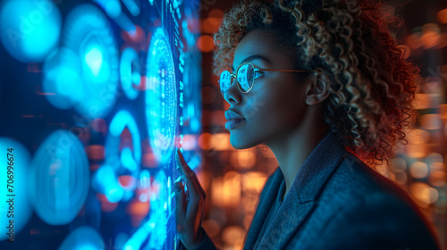 Portrait of a woman looking at augmented reality display wearing eyeglasses. photo