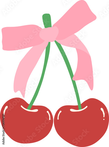 Coquette cherries with ribbon bow flat design