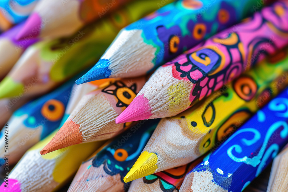 Fototapeta premium Colorful wooden pencils and playful doodles. Handmade children's crayons and drawings close-up.