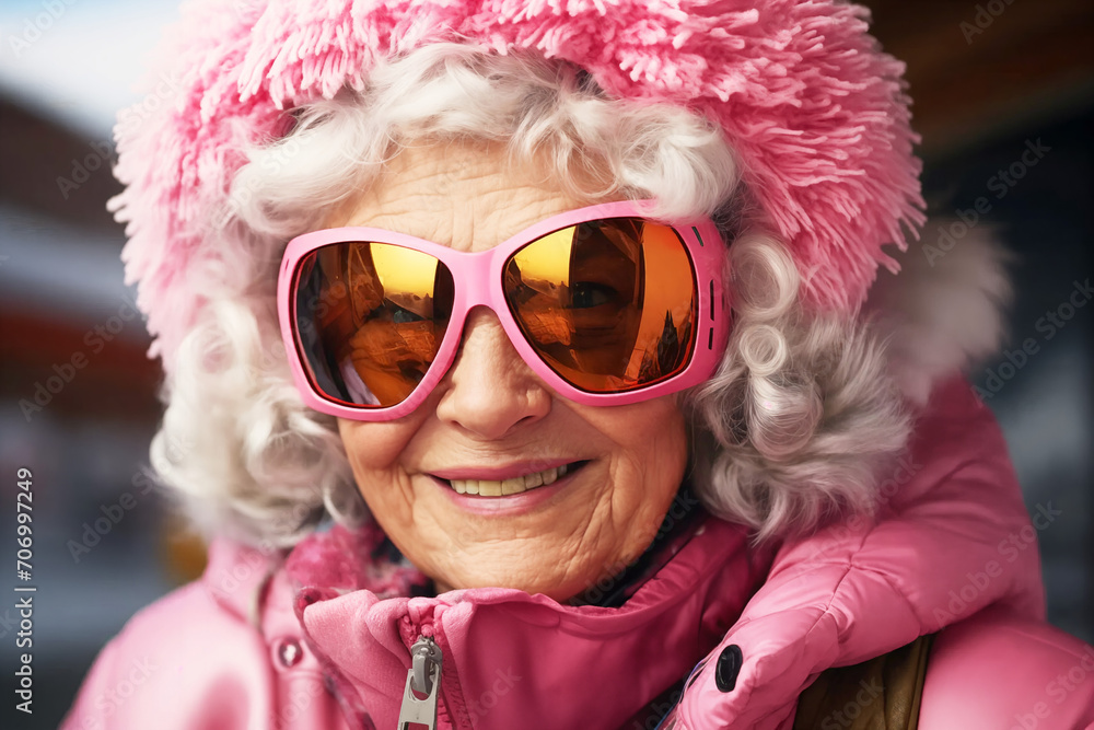 a woman of advanced age in a ski suit and glasses, smiling into the frame