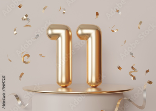 Golden shiny number eleven on beige background with confetti. Symbol 11. Invitation for a eleventh birthday party or business anniversary. 3D Render.