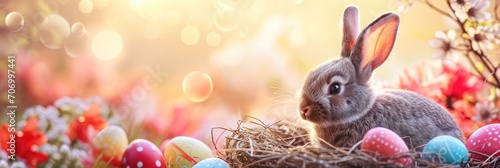 Banner cute bunny with colorful easter eggs in nest, spring and festive background