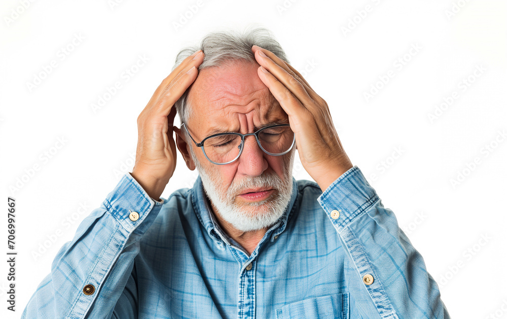 An elderly man suffers from a headache and puts her hands on her temples An elderly man suffers from a headache and puts her hands on her temples