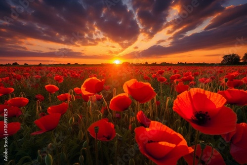 Field sunset with red flowers, spring season. Generative AI © Joseph