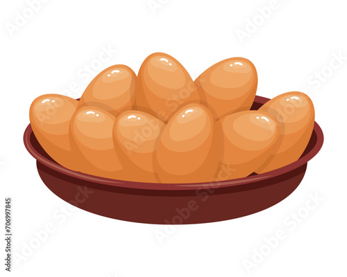 Fresh chicken eggs in a clay plate. Brown eggs. Food illustration, vector