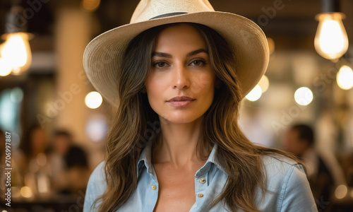 Chic and Casual: Woman in Denim Shirt and Fedora at an Urban Café © PVStocks