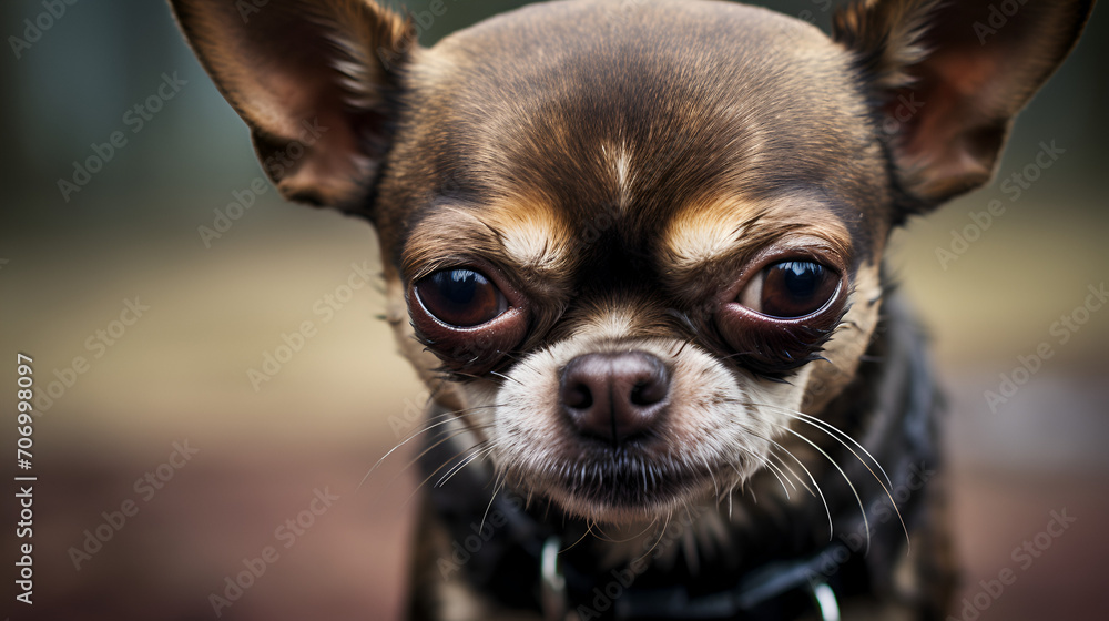 A chihuahua with a black collar is loogking at the camera., enerative ai