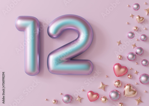 Shiny number twelve on light violet background with hearts, pearls and stars. Symbol 12. Invitation for a twelfth birthday party or business anniversary. 3D Render. photo