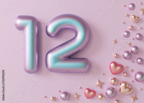 Принти на полотні Shiny number twelve on light violet background with hearts, pearls and stars
