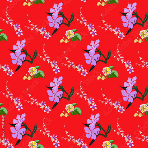 Seamless floral pattern on bright red background different big and small flowers