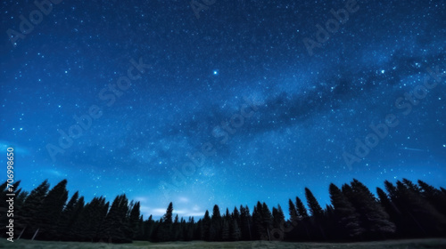 Blue dark night sky with many stars above field of trees. Yellowstone park. Milkyway cosmos background.