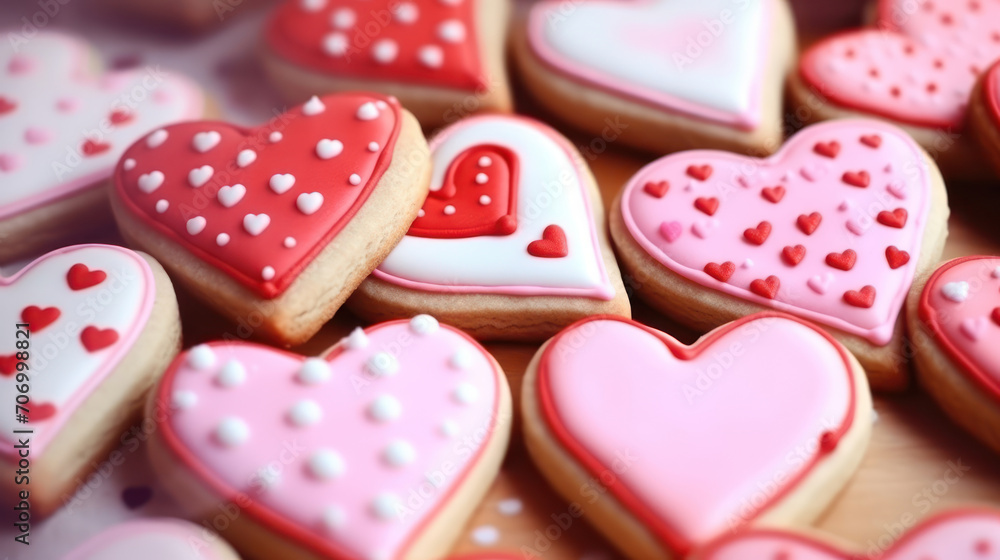 Heart shaped cookies icing for Valentine's day delicious homemade natural pastry, baking with love for Valentine's day, love concept. Ai generative.