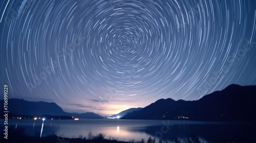 Startrails north pole tracks in the sky and lake in the field under the starry sky, inspiration photo. Montenegro. Ai Generative.