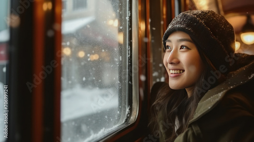 Portrait of young asian couple looking at the snow through train window. couple passenger riding classic train during their trip in europe. Ai Generative. photo