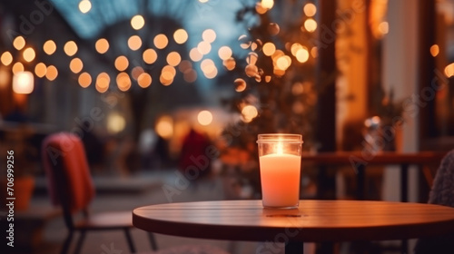 Lit up candle at an outdoor table of a restaurant in winter, cosy atmosphere, selective focus, bokeh. Ai Generative.
