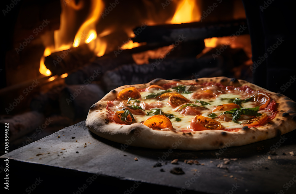 Italian pizza cooked in traditional italian wood fired oven