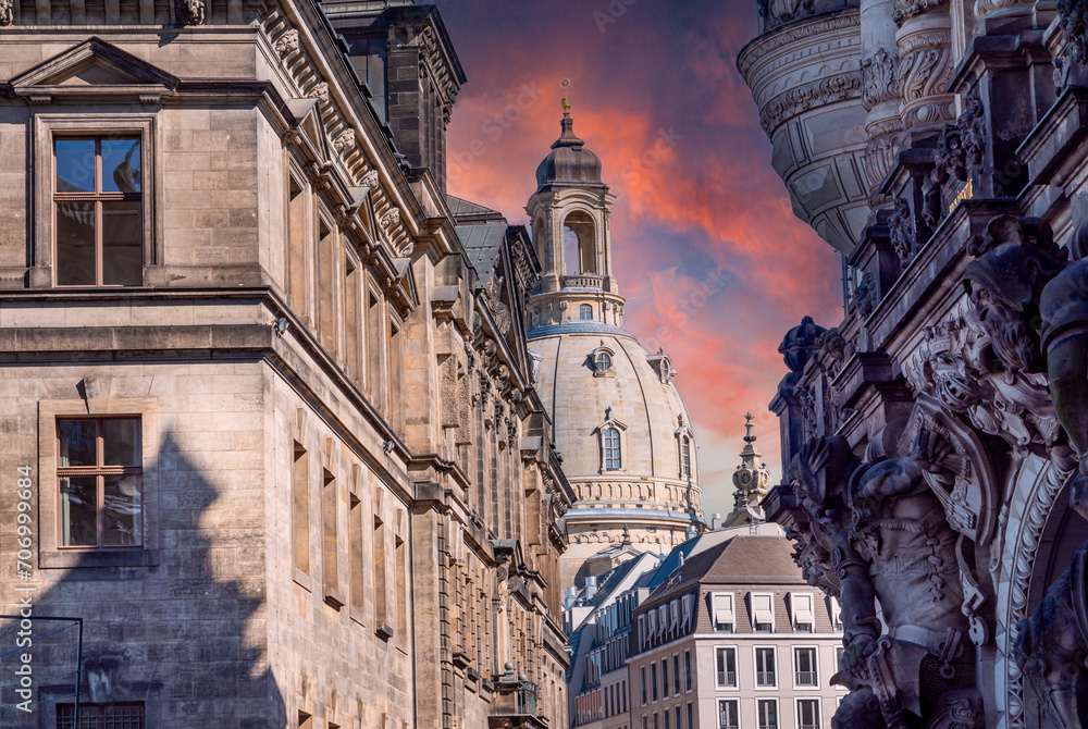 Old town in dresden with frauenkirche at sunset