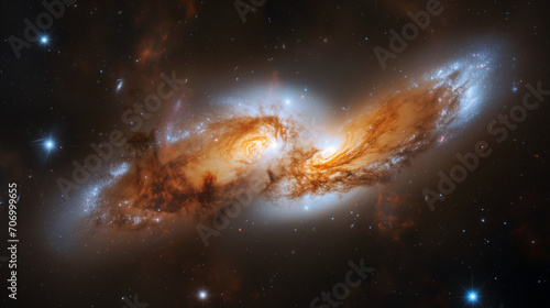 Panorama of Galaxy collision in Space. Cosmos background