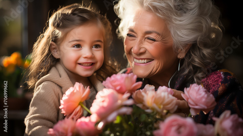 Cherished moments between a grandmother and granddaughter with flowers