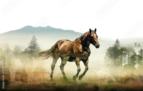Horse running in the misty meadow with mountains in the background