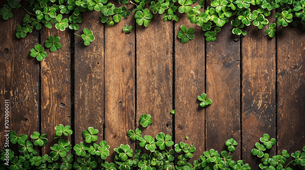 Verdant Clover Leaves Sprouting across a Rustic Wooden Background Verdant Clover Leaves Sprouting across a Rustic Wooden Background