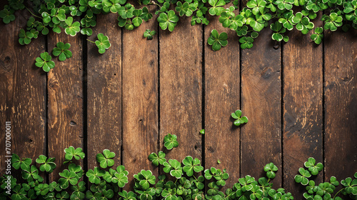 Verdant Clover Leaves Sprouting across a Rustic Wooden Background