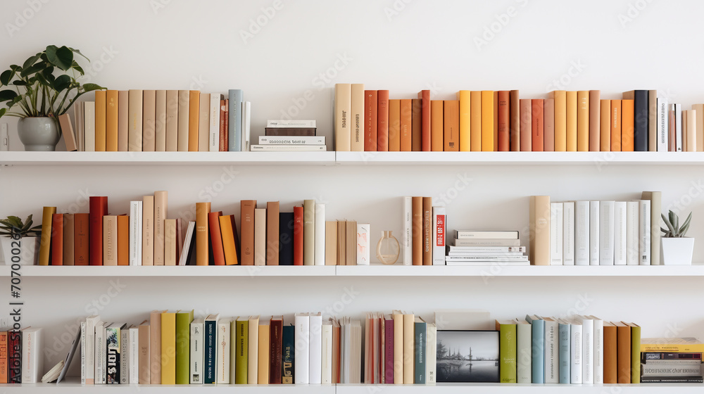 White modern bookcase with yellow and blue books. plant in pot. white interior. room decor. White modern bookcase with yellow and blue books. plant in pot. white interior. room decor.