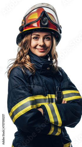 Portrait of a female firefighter, smiling, crossed arms, wearing a black uniform on a white background photo