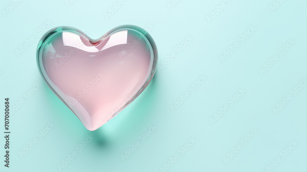 Glass heart isolated on a pastel background. Valentine's day concept