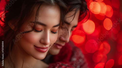 Two beautiful Asian persons are hugging and happy together. Love concept. Selective focus. Red transparent background