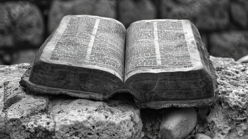 Bible on a stone background. Black and white photo of an old book. photo