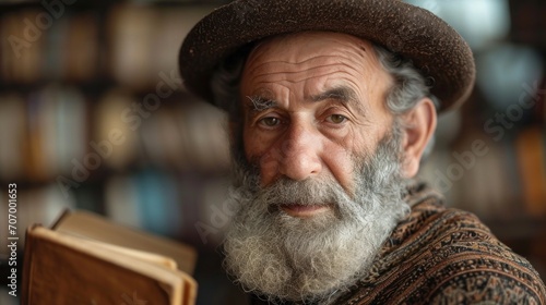 Portrait of an old jewish man with a book in his hands in library. photo