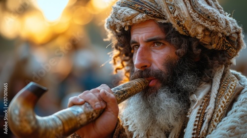 A Jewish man blowing the shofar ram's horn at Rosh HaShana. photo