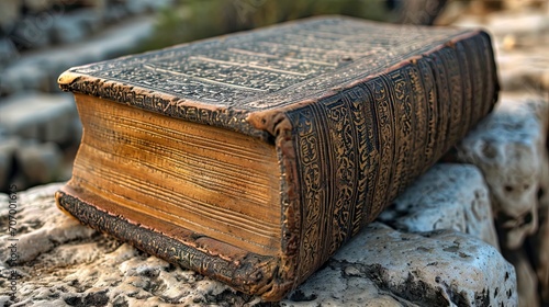 Old book Tora on the stone background, close-up, vintage style. Holy Book at the Western Wall in Jerusalem. photo