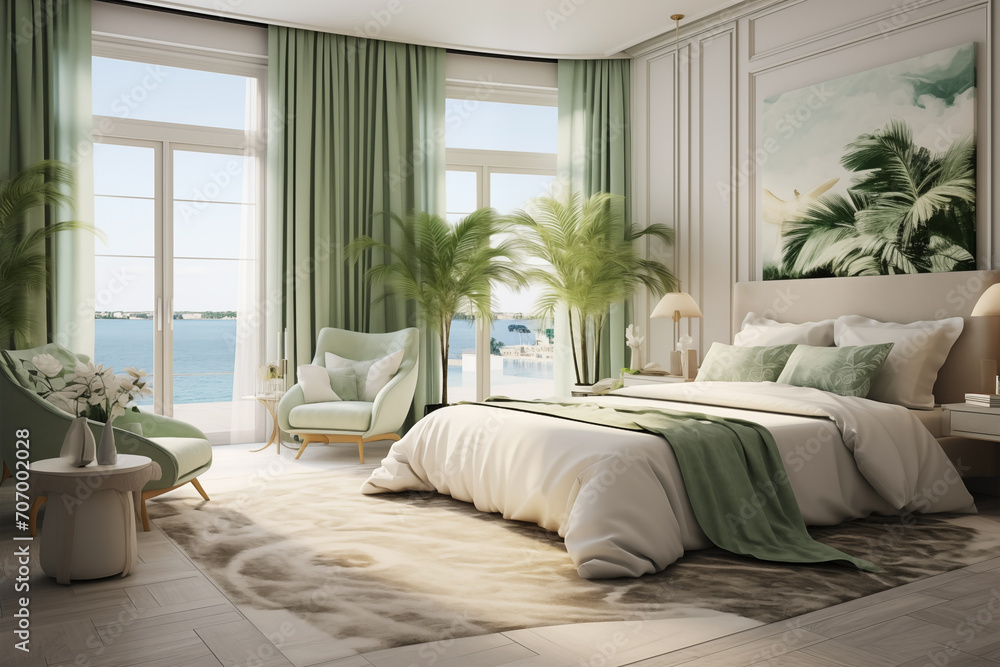 The bedroom design has an orange background with a spacious room and a view of the beach outside the window. Modern minimalist bedroom interior design. The room decoration is aesthetically luxurious a The bedroom design has an orange background with a spacious room and a view of the beach outside the window. Modern minimalist bedroom interior design. The room decoration is aesthetically luxurious a