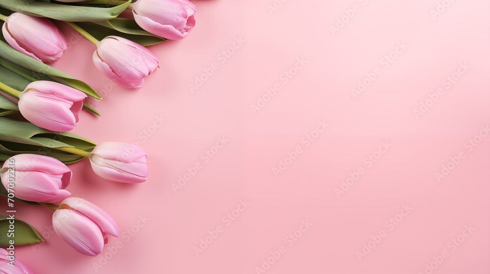 Pink tulips, hearts on a pastel pink background. Flat lay, top view, space for text.
