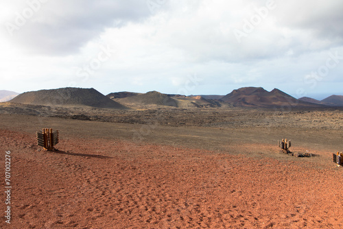 Spectacular views of the Fire Mountains at Timanfaya National Park, this unique area consisting entirely of volcanic soils. A Mars-like volcanic landscape in a sea of ​​lava. Lanzarote, Canary Island