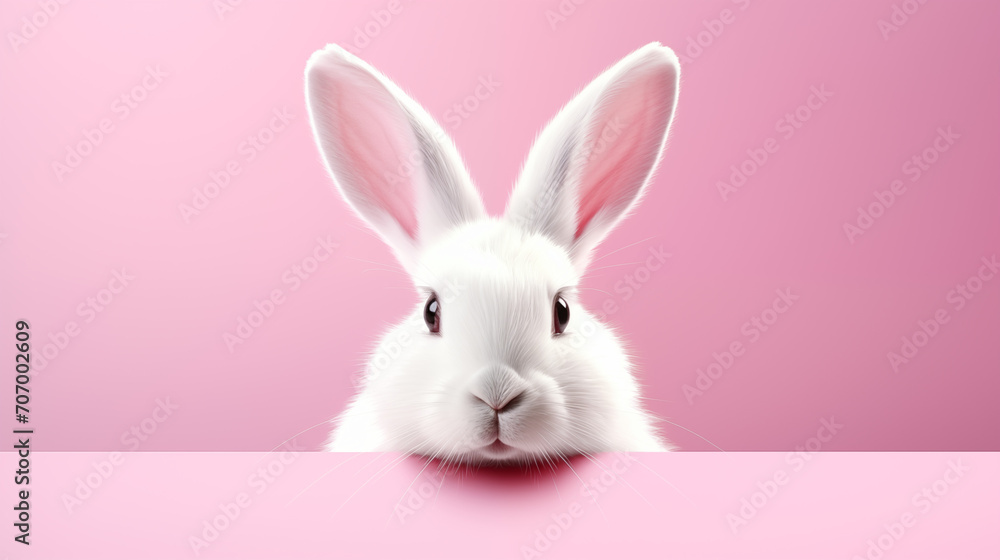 White rabbit ears on pastel pink background. Easter day. 3d rendering - obrazy, fototapety, plakaty 