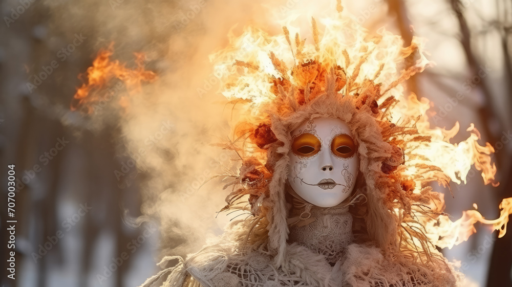 burning of a Maslenitsa straw effigy in a wreath, farewell to winter, carnival, bonfire, holiday, shrovetide, traditional pagan rite, folk festival, fire, flame, people, doll burning of a Maslenitsa straw effigy in a wreath, farewell to winter, carnival, bonfire, holiday, shrovetide, traditional pagan rite, folk festival, fire, flame, people, doll