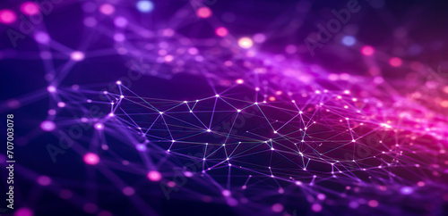 Banner with violet-pink abstract background with a network grid and particles connected.Sci-fi digital technology with line connect network and data graphic background. Abstract polygonal wallpaper photo