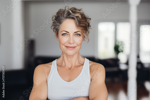 Beautiful smiling middle aged woman in white sport wear at home. Portrait of happy woman enjoying active lifestyle photo