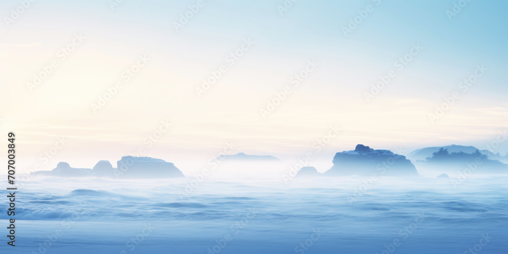Fototapeta premium Serene ocean coastline with white mist. Tranquil landscape. Generative AI