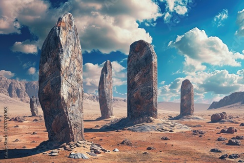 Otherworldly Monoliths: mystical, strange stone formations in a desert landscape