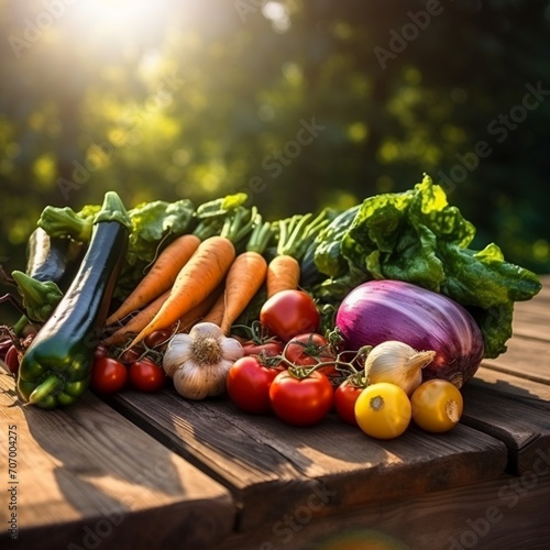 Beautiful vegetables on wooden table next to sunset Ai generated art