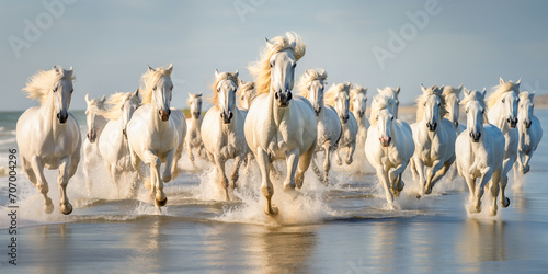 Herd of white wild Camargue horses running on a beach at sunset, water splash, panoramic front view